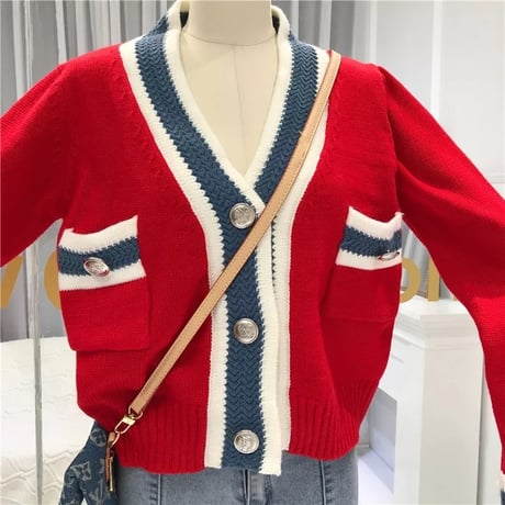 Vネック シルバーボタンラインカーディガン 3色展開