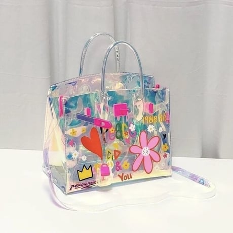 【2サイズ】フラワーグラフィック オーロラクリアバッグ