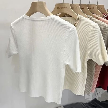 ゴールドチェーン ハーフスリーブリブトップス 6色展開