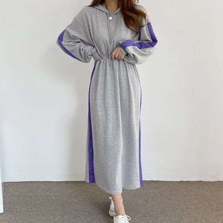 サイドライン フーディスウェットワンピース 2色展開