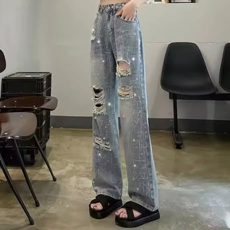 ラインストーンクラッシュデニムパンツ