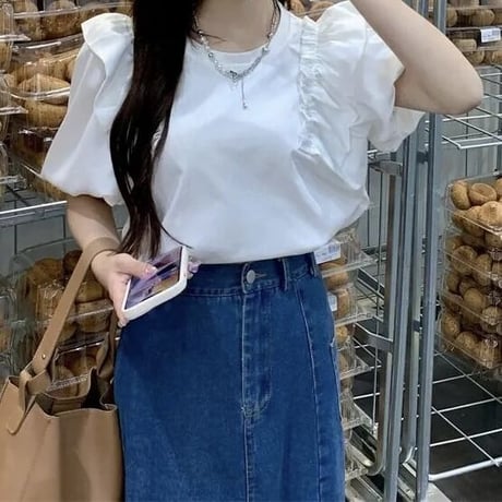 パフスリーブフリル ホワイトTシャツ