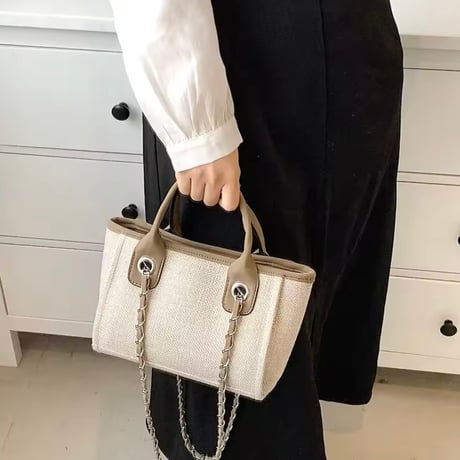 【3サイズ】レザーチェーンキャンバスバッグ 3色展開