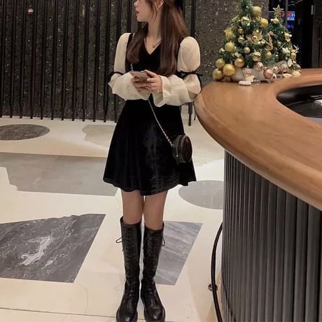ベロア シフォンスリーブリボンワンピース