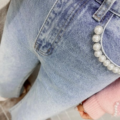 パールポケット ヘムダメージデニムパンツ