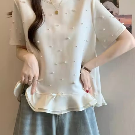 リボンフリルパールTシャツ 2色展開