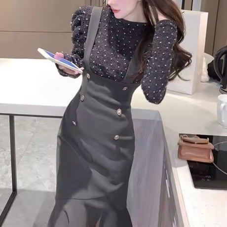 ドットギャザートップスフレアスカートセット