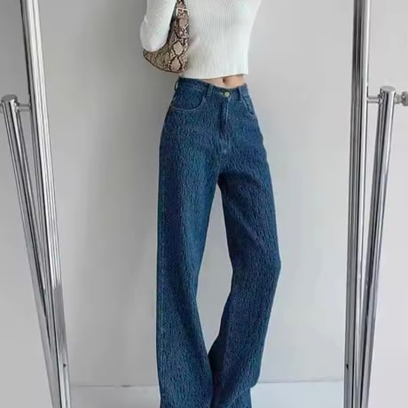 ワッフルハイウエストデニムパンツ 2色展開