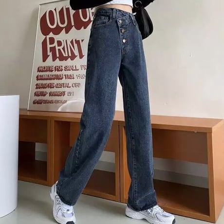 【Sサイズ即納】アシメボタン ストレートデニムパンツ