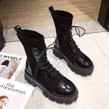 【Beigh 24.0cm即納】異素材mix レースアップショートブーツ 2色展開
