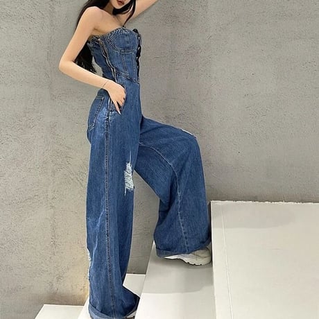 クラッシュデニム ベアオールインワン