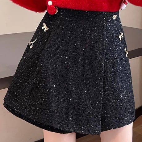 ゴールドモチーフ ブラックツイードスカートパンツ