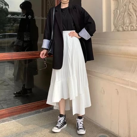 【White Sサイズ即納】シフォン アシンメトリースカート 2色展開