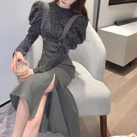 ドットギャザートップスフレアスカートセット