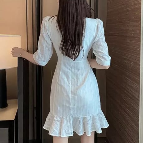 【ショート丈Mサイズ即納】【ロング丈.ショート丈】Vネックフレア ホワイトワンピース