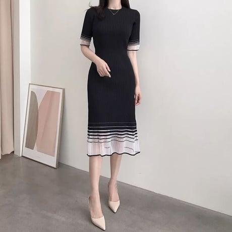 シースルーボーダー サマーリブワンピース 2色展開
