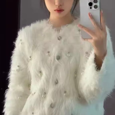 ビジューステッチファーカーディガン 4色展開