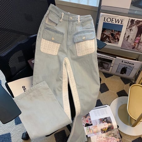 ツイードステッチ ハイウエストデニムパンツ