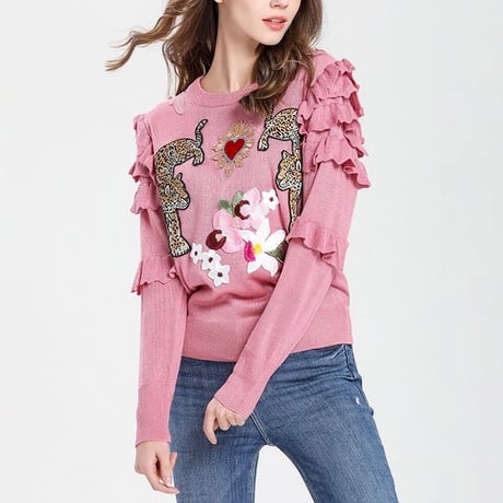 【Pink Lサイズ即納】フリルチーターワッペンニット 2色展開