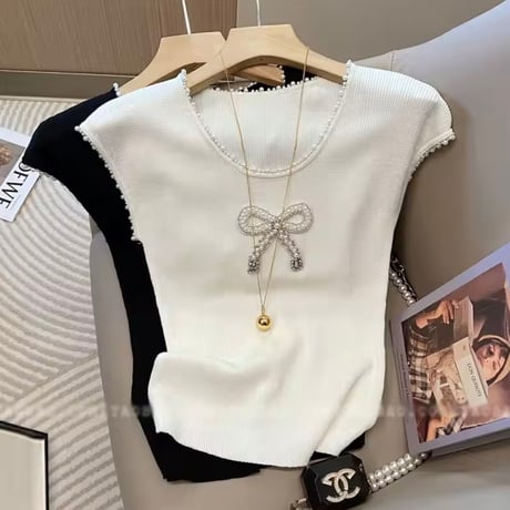 ビジューリボンサマーニットトップス 2色展開