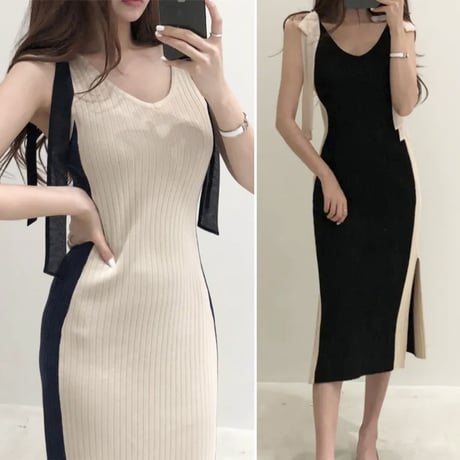 【White即納】ショルダーリボン ラインリブニットワンピース 3色展開