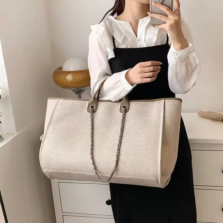 【3サイズ】レザーチェーンキャンバスバッグ 3色展開