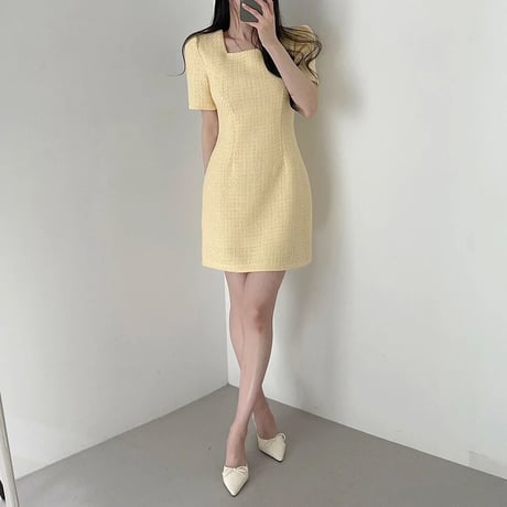 シンプルツイード パフスリーブワンピース 3色展開