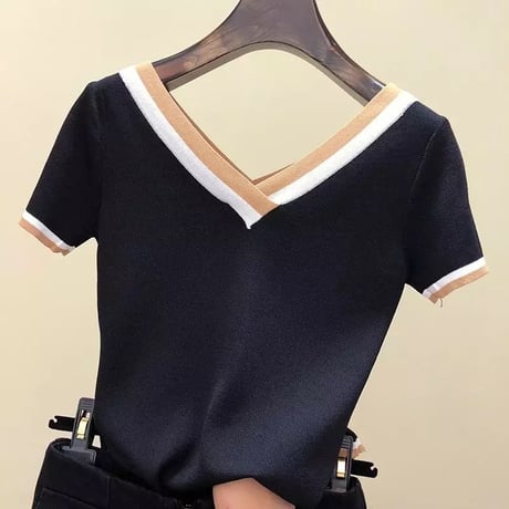 Vネック ラインサマーニットトップス 5色展開