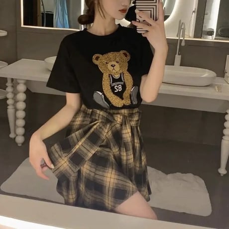 【別売りあり】ベアーTシャツ チェックタイスカートセット