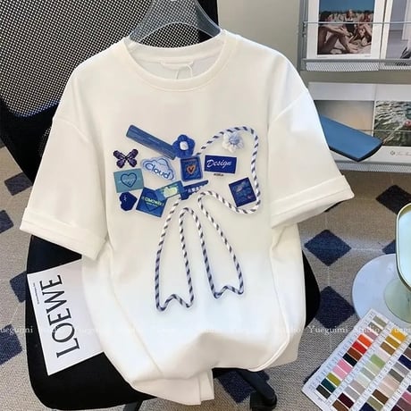 ブルーデザイン コットンTシャツ
