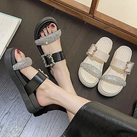ビジューバックル ストーンバンドキルトサンダル 2色展開