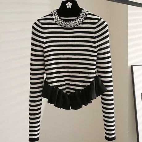 ビジューパールネック フリルニット 3色展開
