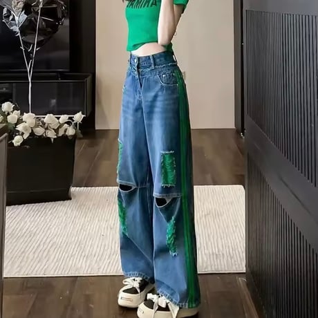 グリーンラインウォッシュデニムパンツ