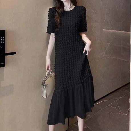ワッフルシフォンヘム ロングワンピース 2色展開