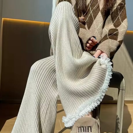 ヘムレースリブニットパンツ 3色展開