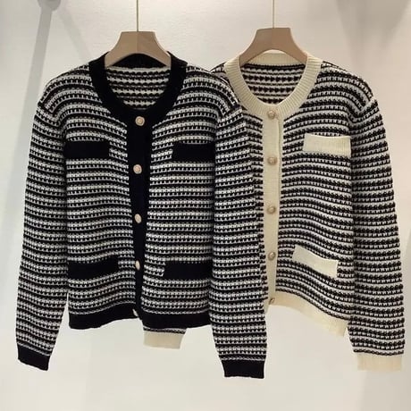 モノトーン バイカラーストライプカーディガン 2色展開