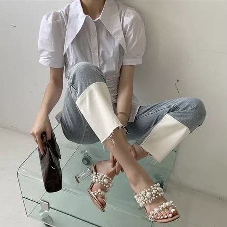 【9cm 23.5cm】【ヒール高さ2種類】ボリュームパール クリアサンダル