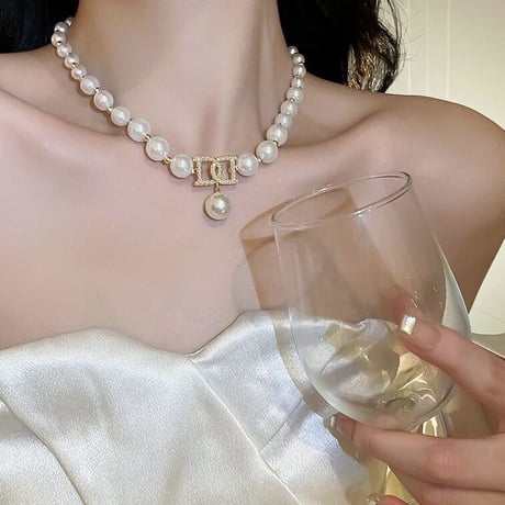 ゴールドストーンモチーフ パールネックレス