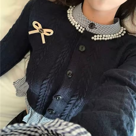 ブルーチェックリボンカーディガンスカートセット