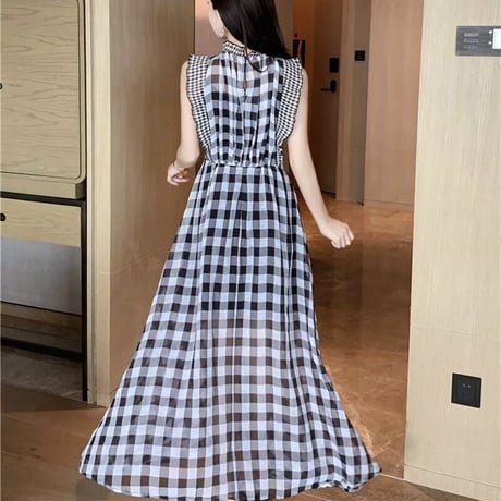 チェックロングワンピース