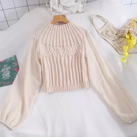 【Apricot即納】シフォンスリーブ ハイネックショートニット 3色展開