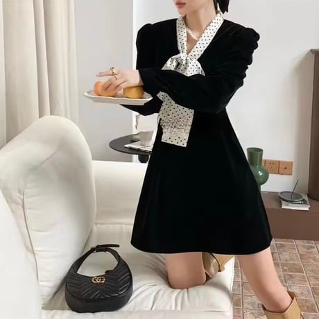 ドットリボンベロアワンピース