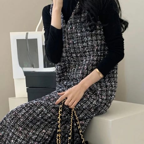 ラメツイード Vネックロングワンピース