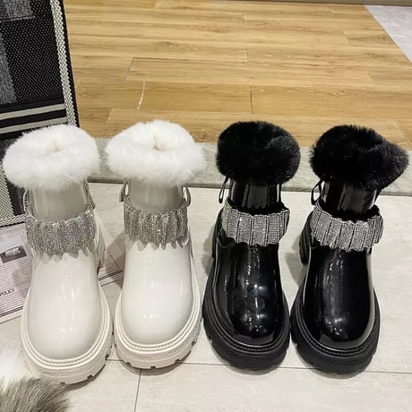 ビジューギャザー ファーショートブーツ 2色展開