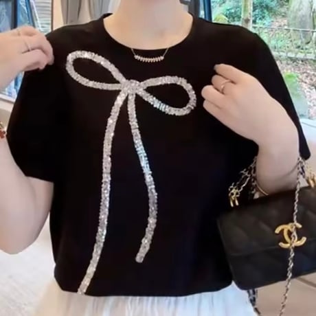 ビジューリボンコットンTシャツ