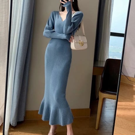スカラップ リブスリーブブルーワンピース