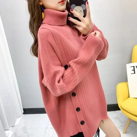 サイドボタン ハイネックリブニット 6色展開