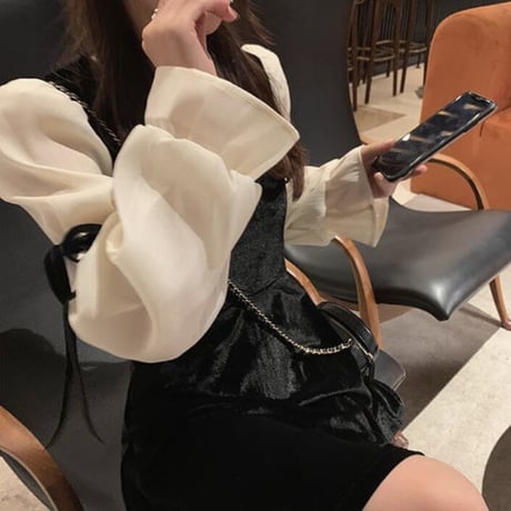ベロア シフォンスリーブリボンワンピース
