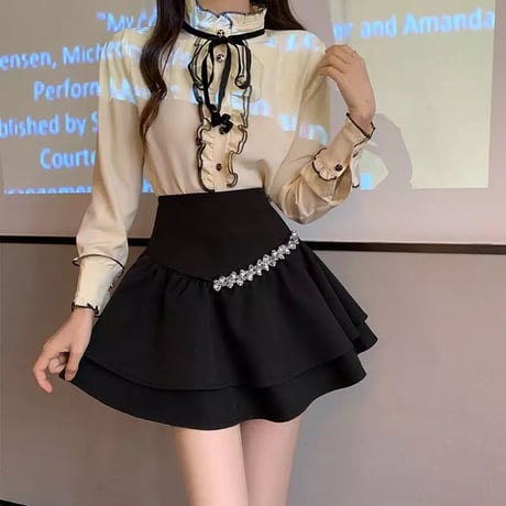 ビジューポイント ハイウエストフリルスカート 2色展開