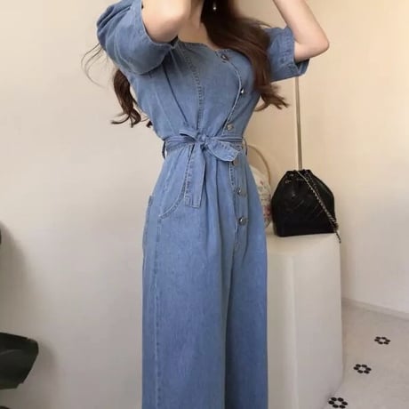 ウエストリボン パフスリーブデニムオールインワン